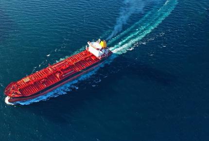 Aerial drone ultra wide panoramic photo of industrial fuel and petrochemical tanker cruising open ocean deep blue sea
